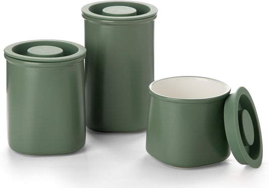 Nucookery Canisters Sets for the Kitchen Countertop, 3 Pcs Ceramic Jar with Silicone Lid, 40oz, 30oz, 20oz Food Storage Containers for Flour, Sugar, Coffee, Grains,Tea, Cookies, Dry Food Organization
