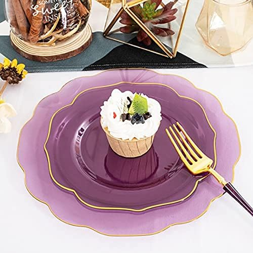 Ciaell 120PCS Clear Purple Plastic Plates - Purple Party Disposable Gold Plastic Plates including 48Plates, 24Forks, 24Spoons, 24Knives for Party & Wedding & Halloween