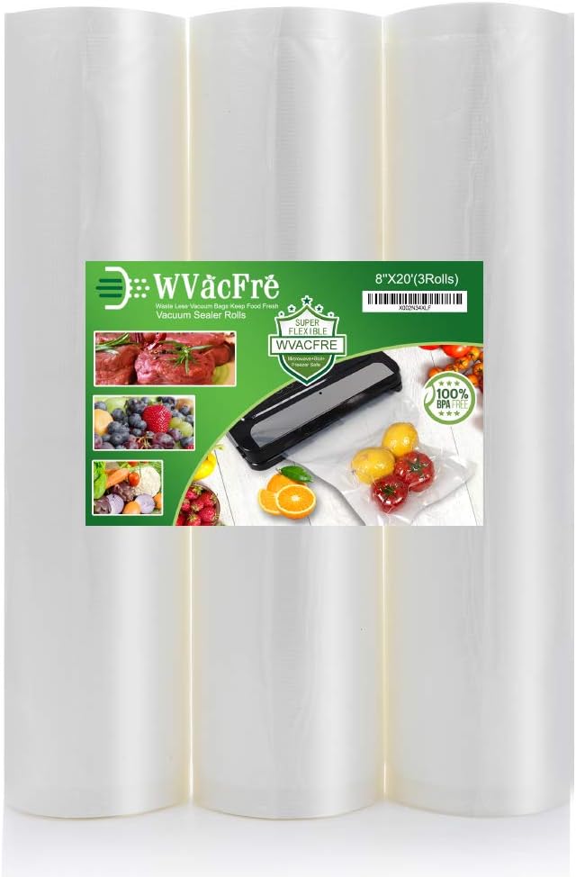 3Pack 8''x20' Food Vacuum Sealer Bags Rolls with Commercial Grade,BPA Free,Heavy Duty,Great for Food Vac Storage or Sous Vide Cooking