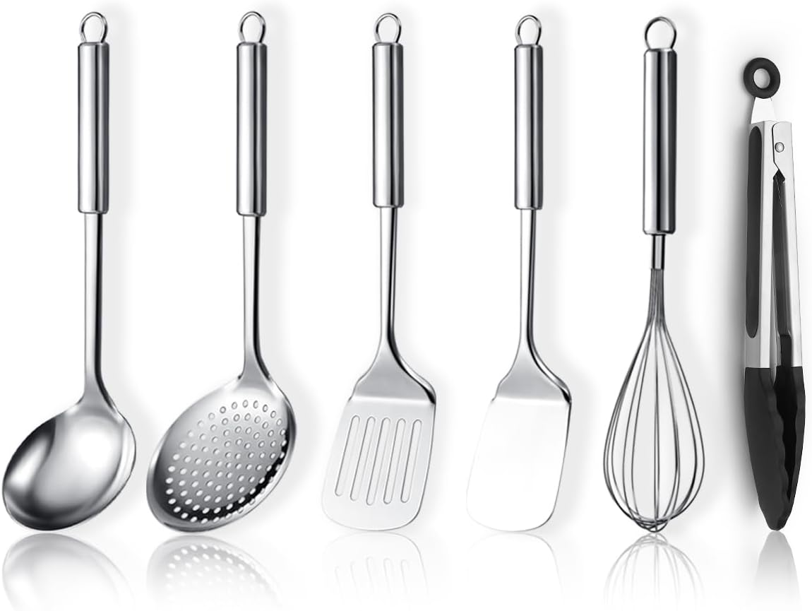 Stainless Steel Cooking Utensils Set 6 Pieces, Kitchen Tools Set Include Metal Spatula Set, Skimmer, Ladle, Tong, Whisk, Kitchen Gadgets Essentials New Home Must Have