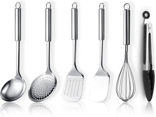 Stainless Steel Cooking Utensils Set 6 Pieces, Kitchen Tools Set Include Metal Spatula Set, Skimmer, Ladle, Tong, Whisk, Kitchen Gadgets Essentials New Home Must Have