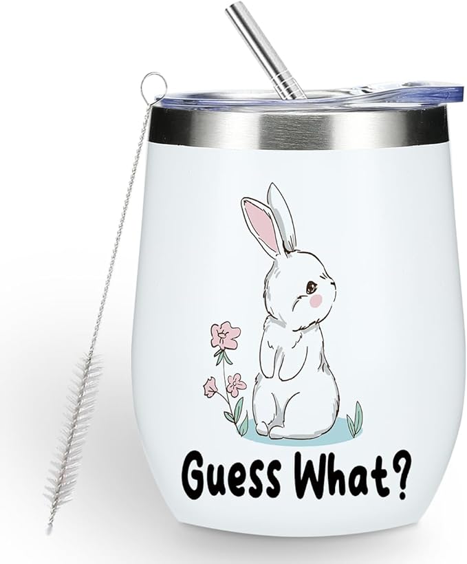 Cute Funny Rabbit 12 oz Tumbler, Wine Tumbler Insulated Wine Glass with Lid, Bunny Gifts Bunny Supplies Accessories for Women Girls Friend Daughter Sister Pet Owner Friendship Christmas Birthday