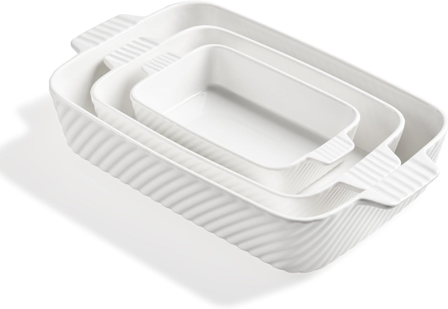 Sweejar Ceramic Baking Dish Set, Cake Baking Dish for Brownie, Porcelain Striped Casserole Dishes for Oven with Handle for Lasagna, Family Dinner(White)