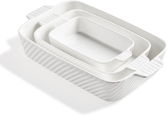 Sweejar Ceramic Baking Dish Set, Cake Baking Dish for Brownie, Porcelain Striped Casserole Dishes for Oven with Handle for Lasagna, Family Dinner(White)