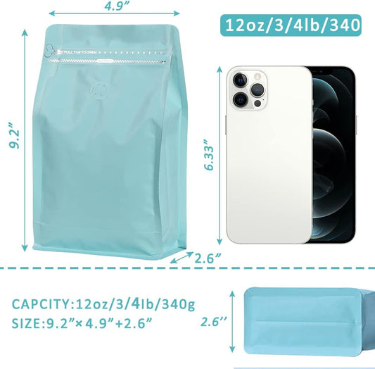 REMTAP Coffee Bags with Valve(100pcs,12oz) Tiffany Blue High Barrier Aluminumed Foil Flat Bottom Standing Coffee Beans Storage Bags,Reusable Heat Sealable Side Zipper Pouches for Home or Store