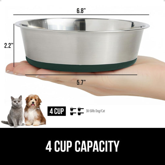 GORILLA GRIP Set of 2 Dog Bowls, Holds 4 Cups (32 fl oz), Heavy Duty Metal Food and Water Bowl for Feeding Dogs and Cats, Dishwasher Safe, Rust Resistant Stainless Steel, BPA Free Rubber Base, Green