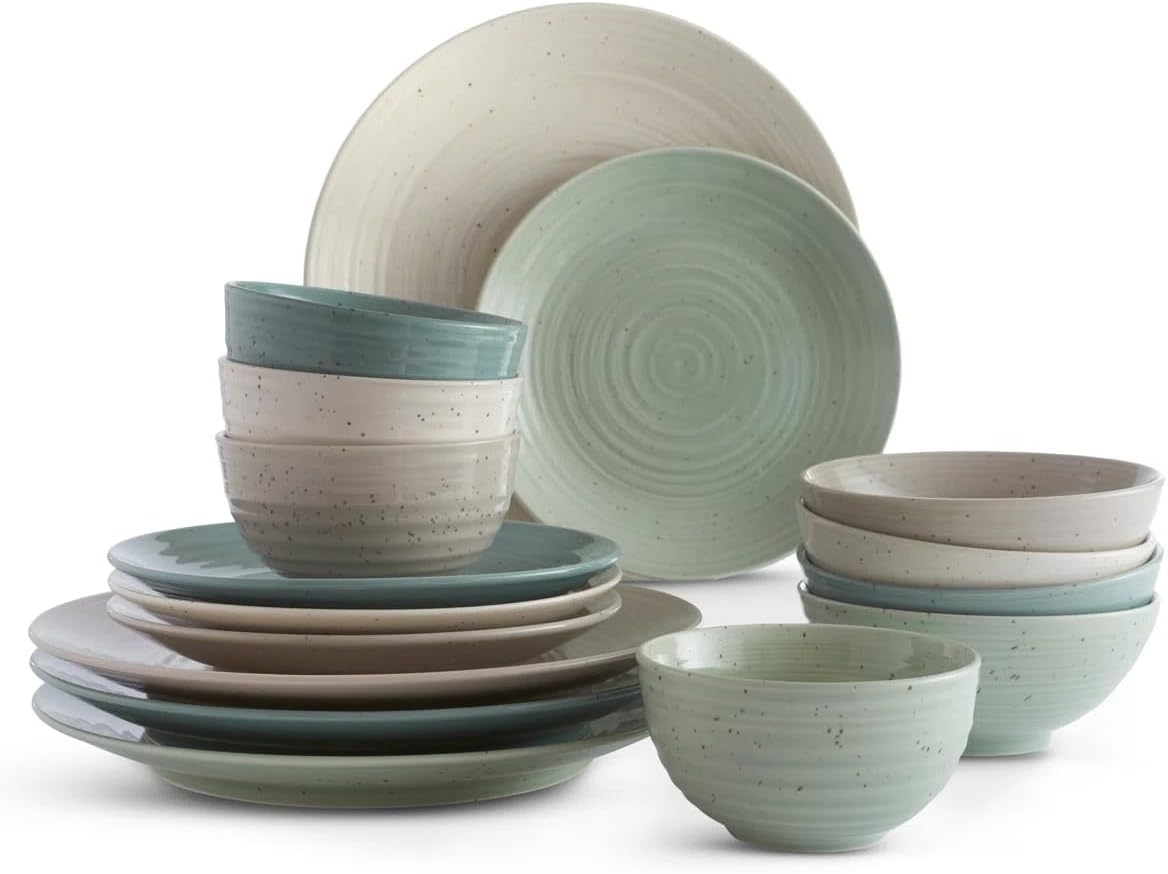 Sango Siterra Artist's Blend 16-Piece Stoneware Dinnerware Set for 4, Green, Cream & White Glossy Dishes with Speckles, Ceramic Plates and Bowls Sets for Everyday Dining, Microwave & Dishwasher Safe