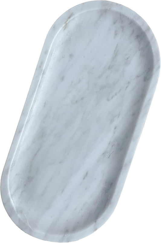 Natural Stone Tray, Marble Vanity Tray for Bathroom & Kitchen Countertop - Organizer for Perfume, Jewelry, Cosmetics 12x6 Inch,Carrara White