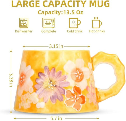 13oz ceramic mug, enlarged and thickened breakfast cup, suitable for spring, summer, autumn and winter, hand-painted cup, a personalized gift for girlfriend.
