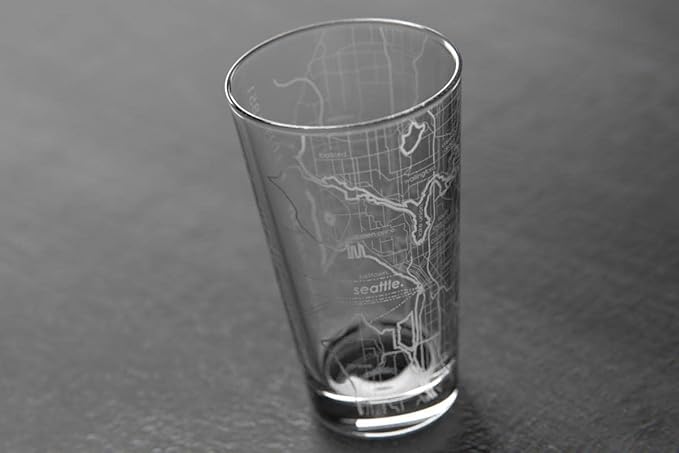 Well Told Engraved Seattle Washington Map Pint Glass, Etched Beer Gift (16 oz, Clear) City Map Pint, Custom City Glassware, Gifts For Beer Lovers