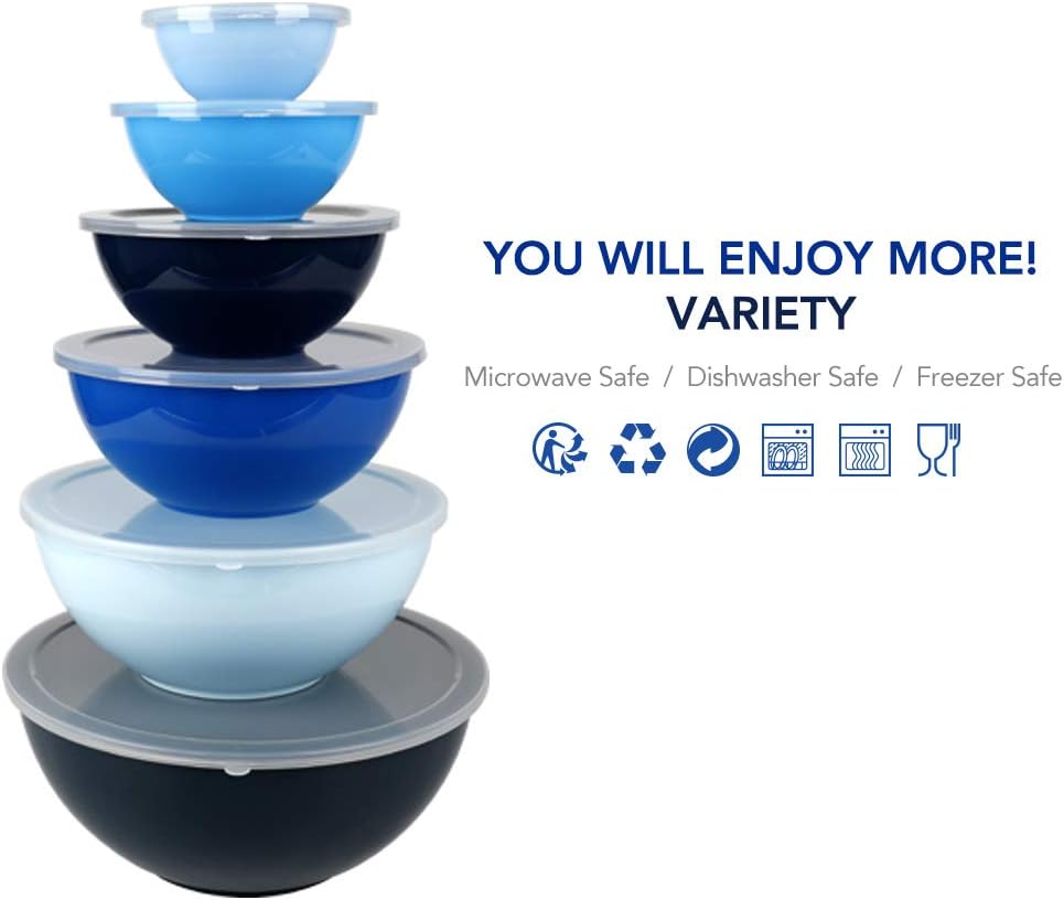 BoxedHome BPA Free Plastic Round Mixing Bowl with Lids, 12 Pack Nesting Bowls with Lids Set, Microwave and Dishwasher Safe Prep & Serving Bowls Great for Mixing, Baking, Serving (Blue, 12pcs)