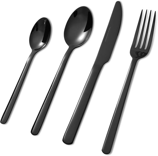 KOOMADE-Elysian -24 Piece Set Black Stainless Steel Home Kitchen Flatware Include Forks Spoons Knives Great for Family Gatherings & Daily Use