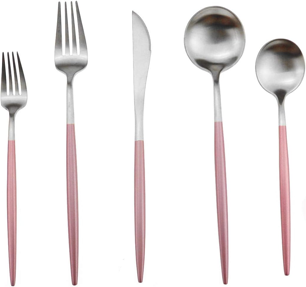 Gugrida Luxury Flatware, Royal 20 Piece Matte Pink Handle 18/10 Stainless Steel Tableware Sets for 4 Including Forks Spoons Knives, Camping Silverware Travel Utensils Set Cutlery (Pink Silver)