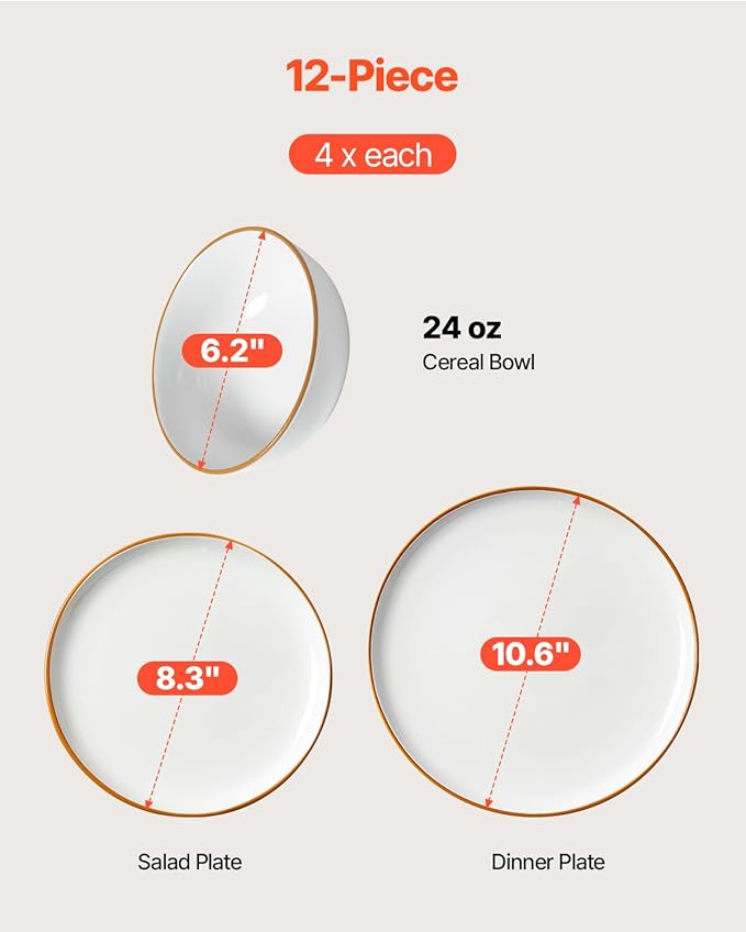 VEVOR Dinnerware Set, Service for 4 (12 PCS), Round Plates and Bowls Sets, Scratch Resistant Ceramic Dinner Ware, Dishwasher and Microwave Suitable Kitchen Dish, for Dessert Salad Soup Pasta, White