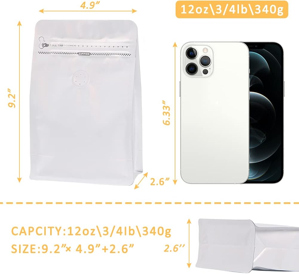 REMTAP Coffee Bags with Valve(100pcs,12 oz) white High Barrier Aluminumed Foil Flat Bottom Standing Coffee Beans Storage Bags,Reusable Heat Sealable Side Zipper Pouches for Home or Store