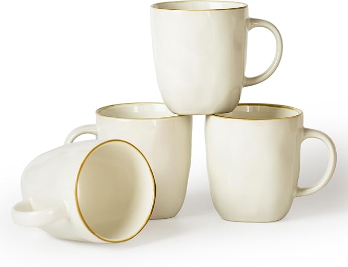 famiware Coffee Mugs Set of 4, Ocean Square 13oz Coffee Cup Set with Handle for Cocoa, Milk, Hot Chocolate, Tea, Water, Stoneware Cups for Kitchen, Microwave and Dishwasher Safe, Vanilla White