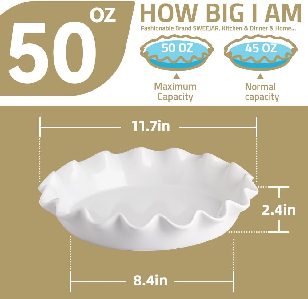 Sweejar Ceramic 11.5 Inches Pie Pan for Baking, Deep and Fluted Porcelain Round Pie Dish, Non-Stick Pie Plate for Pumpkin Pie, Apple Pie, Pie Pots with Morden Farmhouse Design(Beige)