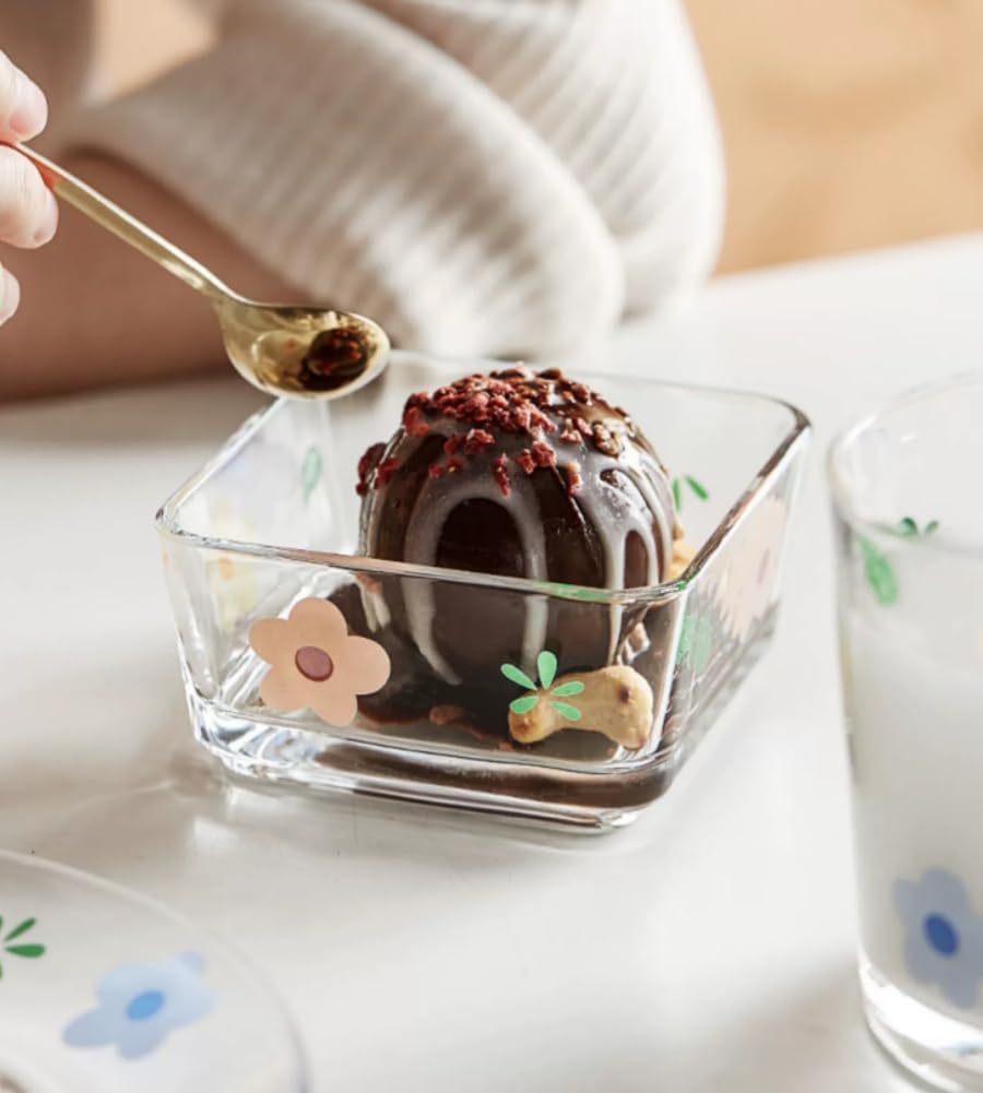 9 OZ Small Flower Candy Dish Floral Candy Bowl Cute Square Glass Bowl for Snack,Dessert,Fruit,Icecream,Yogurt,Dipping,Prep,Mini Clear Serving Bowl,set of 2