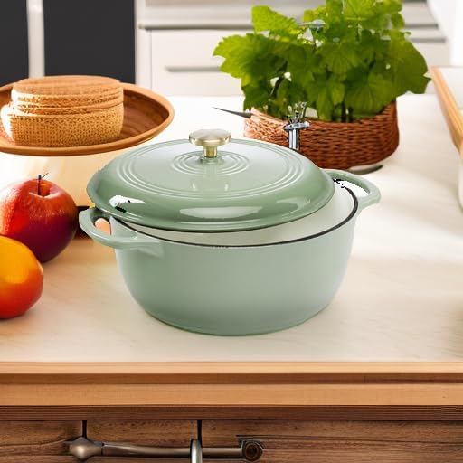 Best Choice Products 7.5 Quart Enamel Cast-Iron Round Dutch Oven, Family Style Heavy-Duty Pre-Seasoned Cookware for Home, Kitchen, Dining Room, Oven Safe w/Lid, Dual Handles - Sage Green