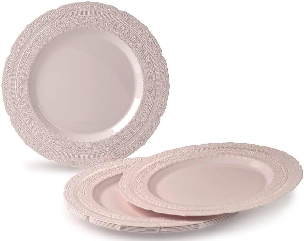 " OCCASIONS " 640pcs set (80 Guests)-Extra Heavyweight Vintage Wedding Disposable/Reusable Plastic Plates (80 x 11'' + 80 x 8.25'')+Silverware+Cups+Napkins (Chateau in Pink Blush)