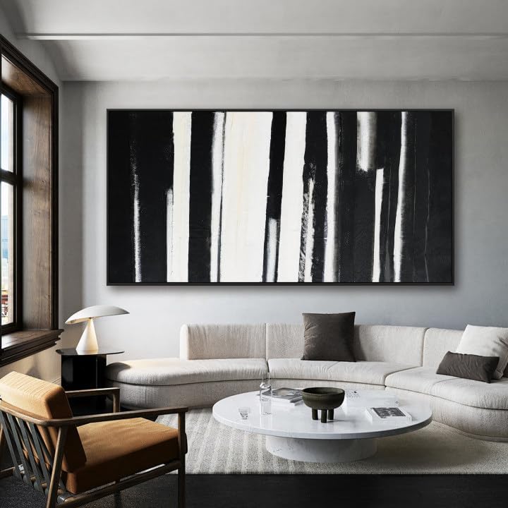Framed Abstract Canvas Wall Art Decor Large Home Decor Wall Art Prints Black and White Minimalist Stripes Framed Artwork Modern paintings Wall Decorations for Living Room Wall Bedroom Kitchen Office Decor 29"×58"