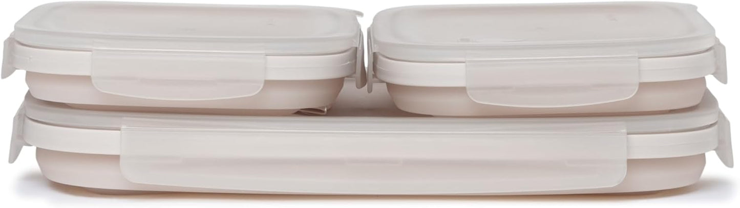 Drip EZ Secondz Collapsible Food Storage Containers (set of 3) - Meal Prep, Leftovers, Lunch, Camping, Hiking - Dishwasher & Microwave Safe - BPA-free Silicone - Locking Lids - Sandstone
