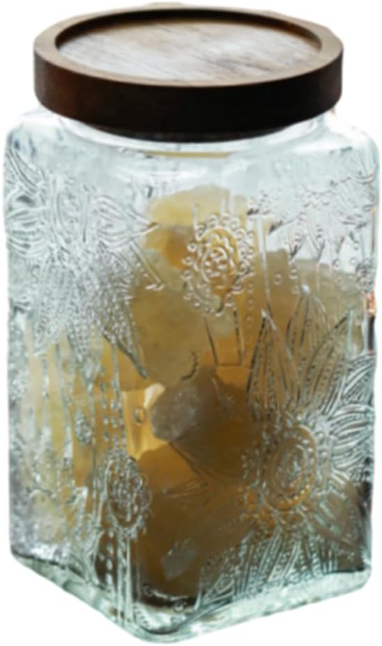 ANSQU Vintage Glass Storage Jar, 34oz Glass Canister Storage Jar Container with Airtight Wooden Lid for Kitchen Counter, Pantry, Coffee, Tea, Sugar, Cookie Jars (Square-Sunflower)