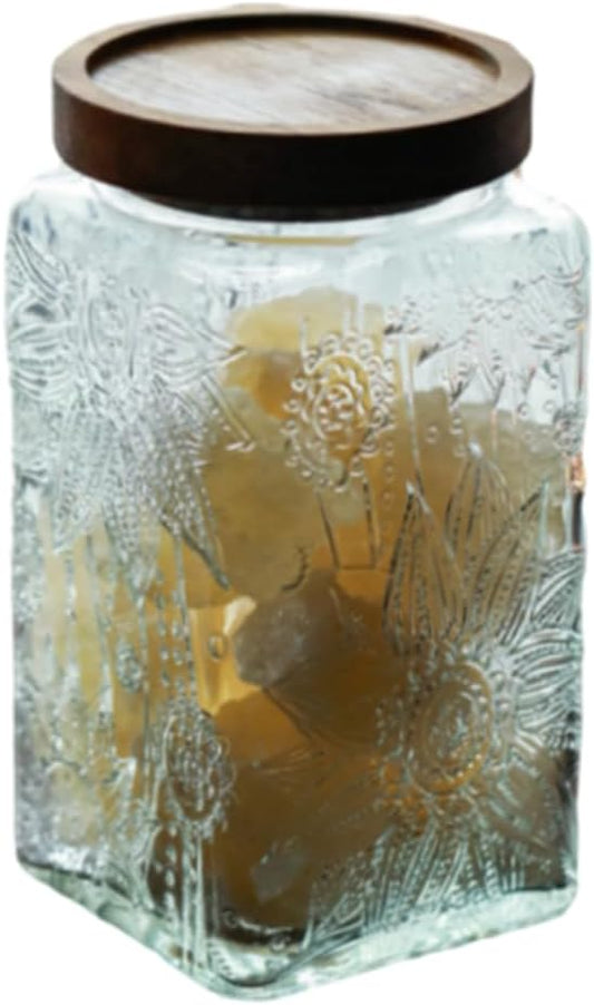 ANSQU Vintage Glass Storage Jar, 34oz Glass Canister Storage Jar Container with Airtight Wooden Lid for Kitchen Counter, Pantry, Coffee, Tea, Sugar, Cookie Jars (Square-Sunflower)