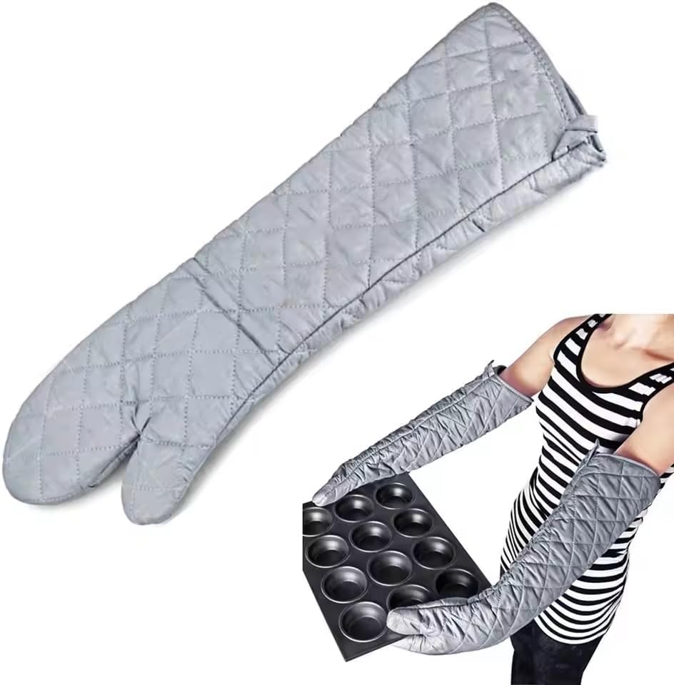 Extra Long Oven Mitts Heat Resistant Cotton Lining Oven Thick Gloves Kitchen Food Service Mittens for Pot Holders Cooking Baking BBQ (24 Inch Silver -1pair)