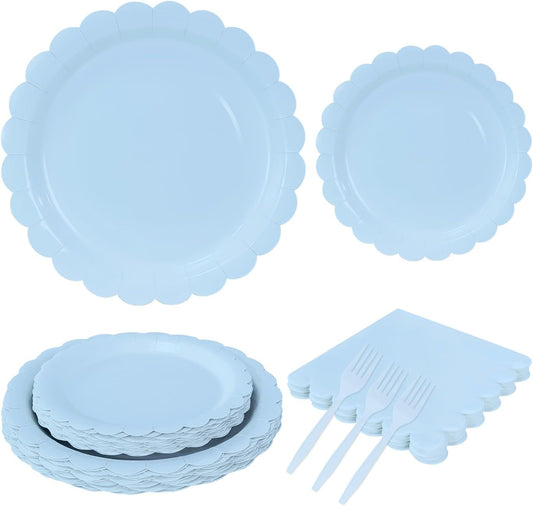 96 Pcs Light Blue Plates and Napkins Party Supplies Serve 24 Guests Including Blue Scalloped Paper Plates and Napkins Plastic Forks for Baby Shower Birthday Party Disposable Dinnerware Set