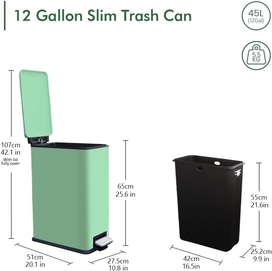 12 Gallon Trash Can with Lid，45L Kitchen Garbage Can,Stainless Steel Trash Can for Narrow Spaces with Soft-Close Lid, Inner Bucket, and Step-on Pedal