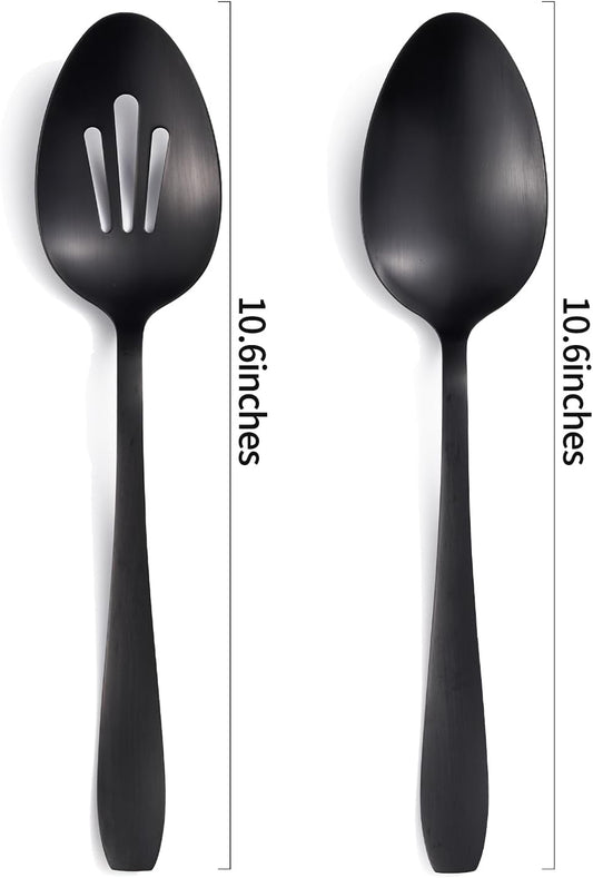 6 Pieces Large Serving Set - 3 Spoons & 3 Slotted Spoons - 10.6 Inch Matte Black Stainless Steel Utensils - Dishwasher Safe for Kitchen, Buffet, Party, Restaurant