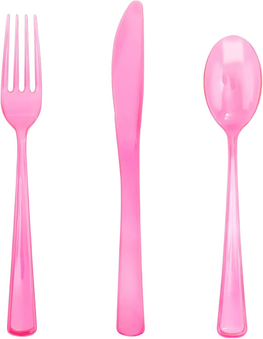 WDF 180 Pieces Pink Plastic Silverware Disposable - Clear Pink Cutlery Sets 60 Forks, 60 Knives and 60 Spoons - Heavy Duty Disposable Utensils for Wedding, Party