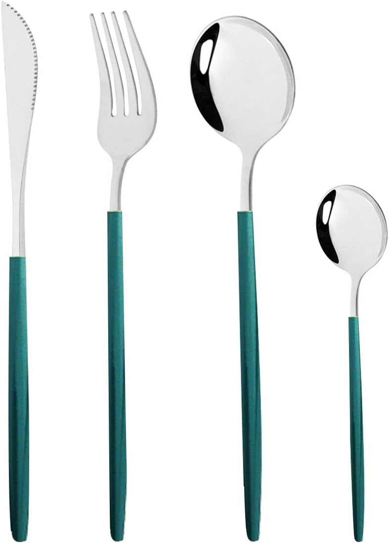 Gugrida Silverware Set - 18/10 Stainless Steel Reusable Utensils Flatware Set, Mirror Cutlery Flatware Set, Great for Family Gatherings & Daily Use (Service For 10, Green Silver)