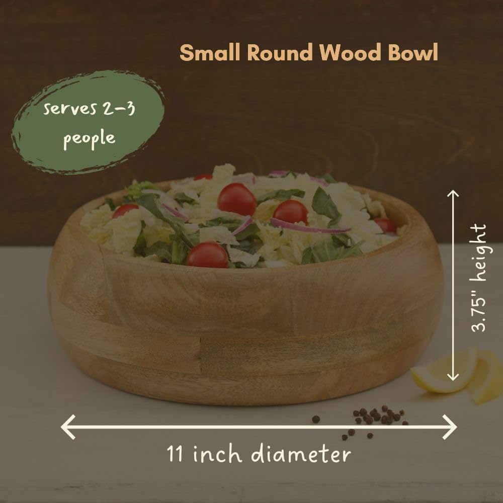 Small Salad Bowl, 11" Wide, Kitchen Countertop Fruit Bowl, Mixing, Serving, Farmhouse Style, Mango Wood, Round, Dining & Entertaining, Serves 2-3