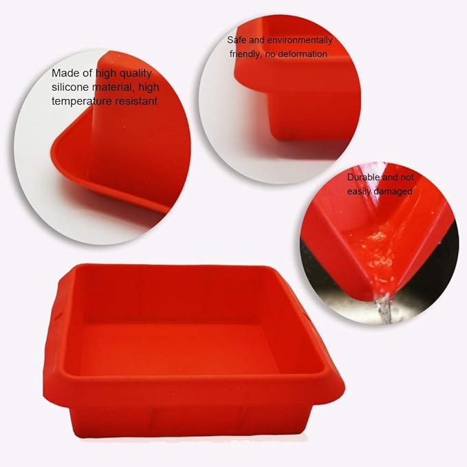 8X8inch Silicone Square Cake Baking Pan, Deep-Dish Roasting Lasagna, Silicone Baking Bakeware Brownie Pan +10 Pastry Muffin Molds Set of 11(Red)