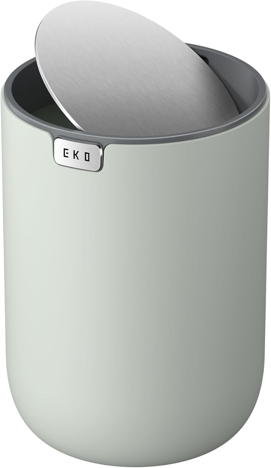 EKO Mini Desk Trash Can with Swing-Top Lid 0.4 Gallon Small Table Round Wastebasket for Office, Home, Car (Sage)