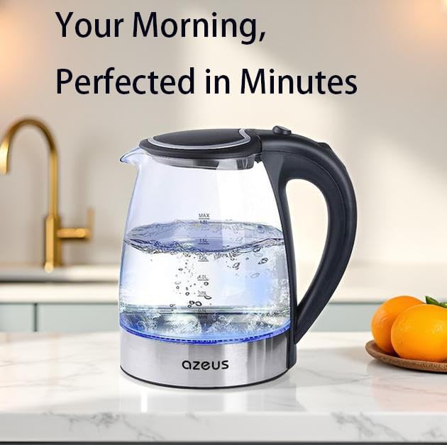 AZEUS Glass Electric Kettle - 1.8L Fast Boiling Auto-Shutoff & Anti-Dry Heat Safety Kettle for Home/Office, Borosilicate Glass with LED Indicator (white)
