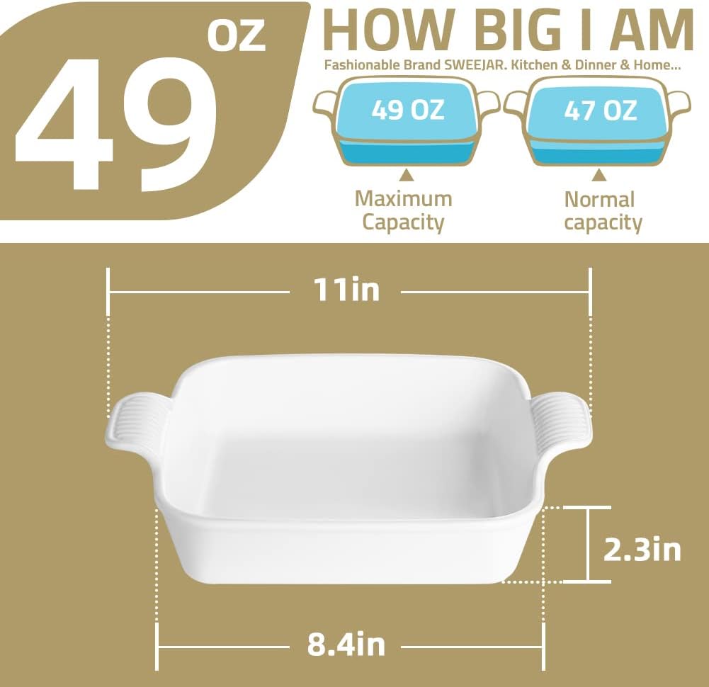 Sweejar Ceramic Baking Dish, 8 x 8 Cake Baking Pan for Brownie, Porcelain Square Bakeware with Double Handle for Casserole, Lasagna, Family Dinner (White)