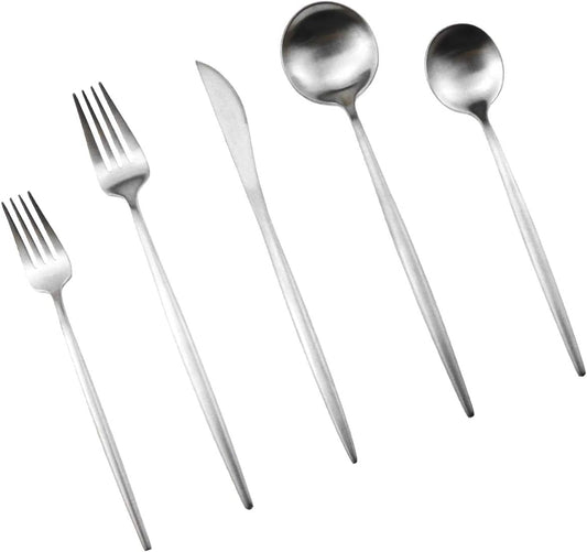 Gugrida Silver Flatware, Royal 20 Piece Luxury Matte Finish 18/10 Stainless Steel Tableware Sets for 4 Including Forks Spoons Knives, Camping Silverware Travel Utensils Set Cutlery (Silver)