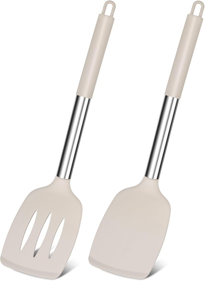 E-far Silicone Spatula Set of 2, Solid & Slotted Turner for Nonstick Cookware, Heat Resistant Rubber Kitchen Cooking Utensils for Flipping Fish Pancake Egg - Khaki