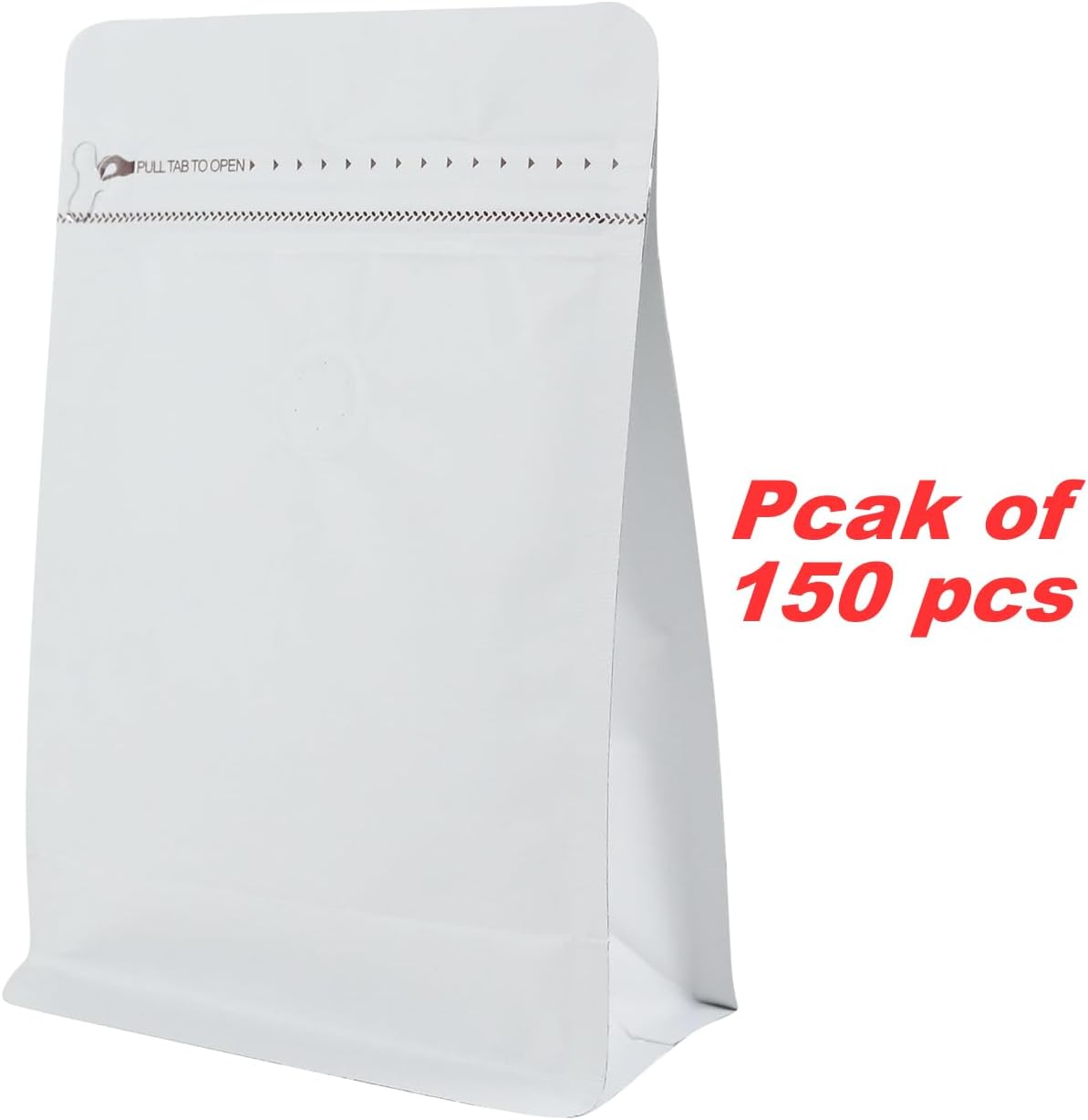 150 Pack High Barrier Stand-Up Coffee Bean Bags with Vented Valve, Matte Metallic, Heat-Sealable and Resealable Solid Color Pouches for Food Storage (6 * 12.8 inch,2 lb,32 oz,White)