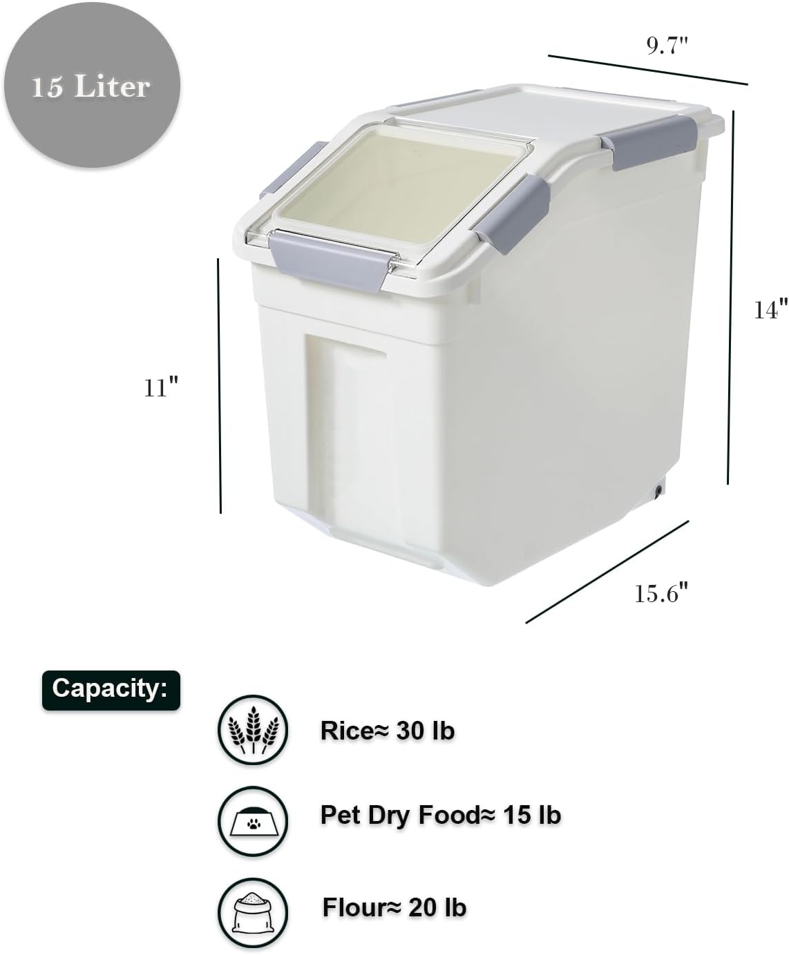 HANAMYA 15 Liter / 30 lbs Rice Storage Container with Measuring Cup, BPA free, For Rice | Grain | Pet Food | Flour, 1 count, White