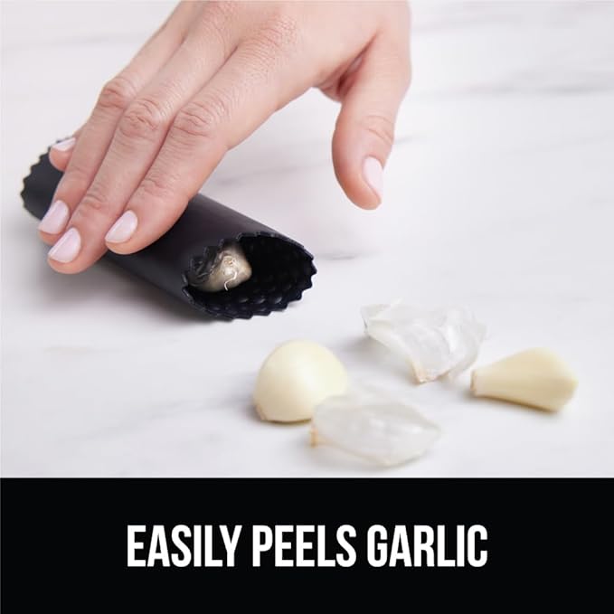 GORILLA GRIP Garlic Press and Peel Set, Heavy Duty Mincer Tool, Easily Mince and Crush Garlics, Ginger, Nuts, Seeds, Large Ergonomic Handle, Peeler Included for Peeling Cloves, Kitchen Gadgets, Black