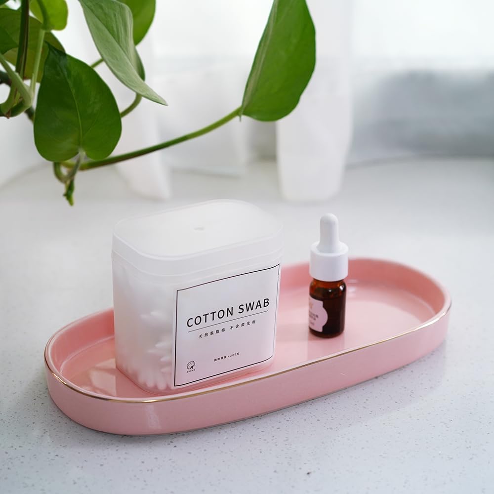 10x5 Bathroom Vanity Tray, Oval Ceramic Decorative Perfume Candle Tray for Bathroom/Kitchen Counter, Pink