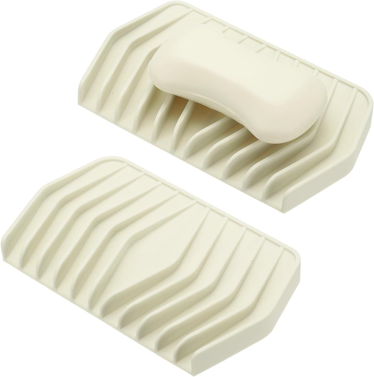 uxcell 2Pcs Soap Dish with Drainage, Silicone Self Draining Soap Bar Holder Sponge Shampoo Bars Tray for Bathroom, Shower, Bathtub, Kitchen, or Countertop(Beige White)