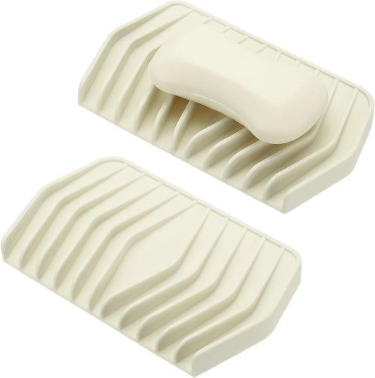 uxcell 2Pcs Soap Dish with Drainage, Silicone Self Draining Soap Bar Holder Sponge Shampoo Bars Tray for Bathroom, Shower, Bathtub, Kitchen, or Countertop(Beige White)