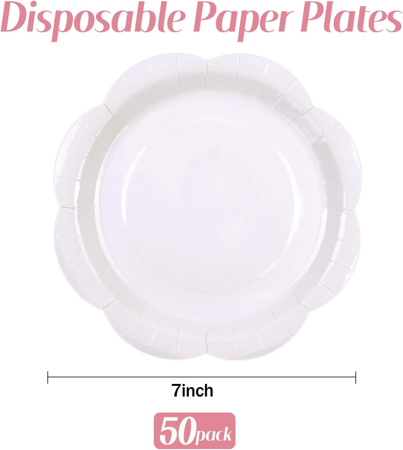 50 Pack White Paper Plates 7 Inch, Disposable Scalloped Plates Cake Dessert Plate for Dinner Baby Shower Wedding Bridal Shower Birthday Party Supplies (White, 7 inch)