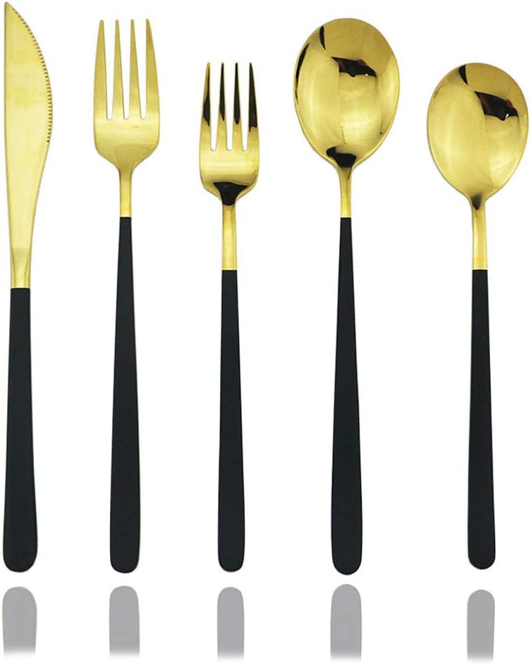 JASHII 20-Piece SUS304 Stainless Steel Flatware Set, Mirror Polished Black Gold Silverware Set Dinner Knife Fork Spoon Dessert Fork Salad Spoon Service for 4.(Black gold)