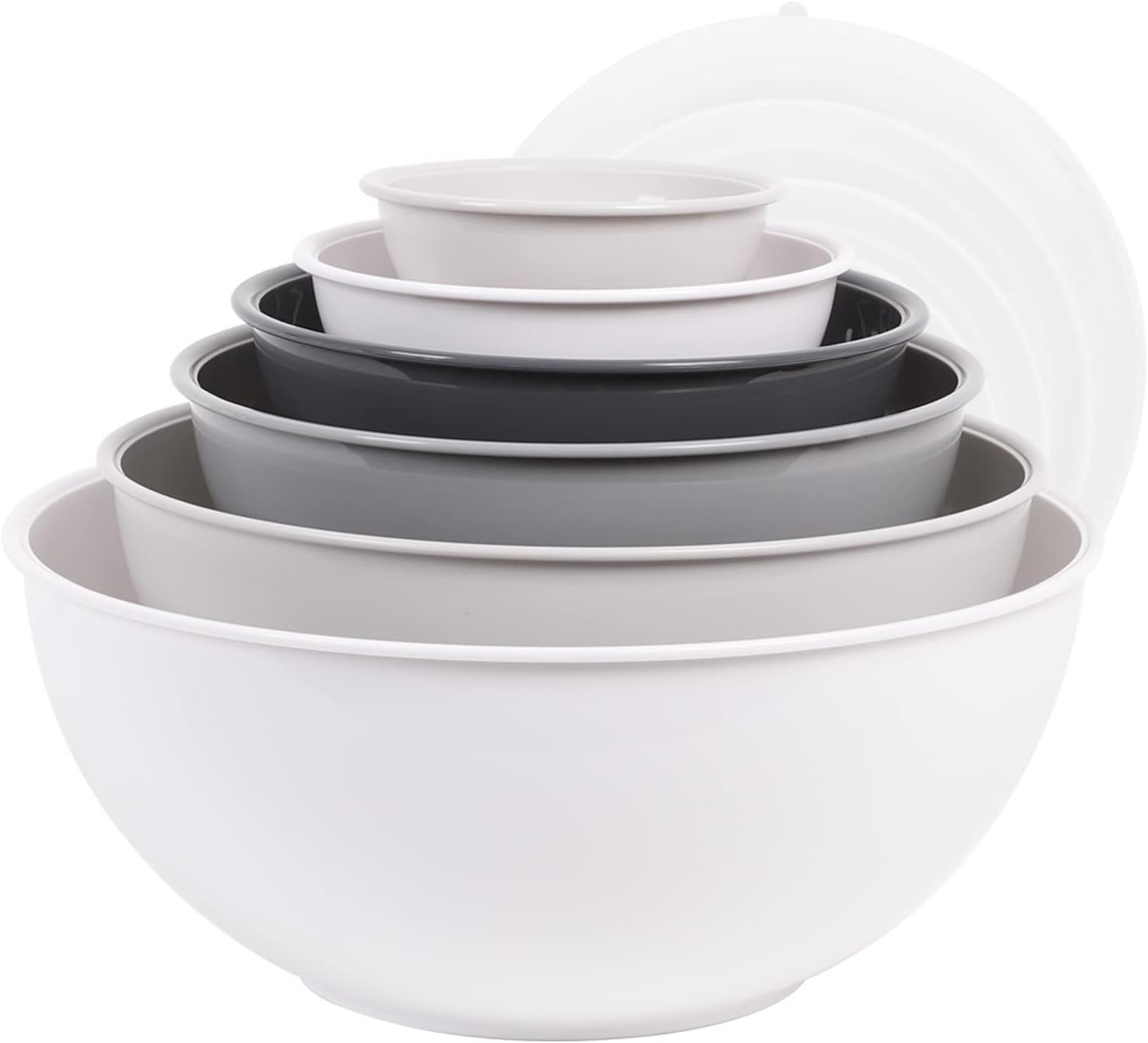 BoxedHome BPA Free Plastic Round Mixing Bowl with Lids, 12 Pack Nesting Bowls with Lids Set, Microwave and Dishwasher Safe Prep & Serving Bowls Great for Mixing, Baking, Serving (White, 12pcs)